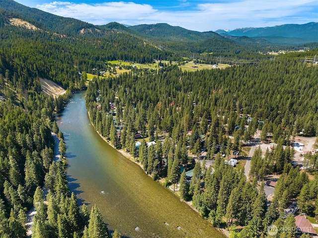 aerial view with a forest view and a water and mountain view