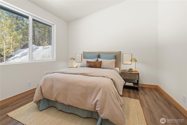 bedroom featuring multiple windows, baseboards, and wood finished floors