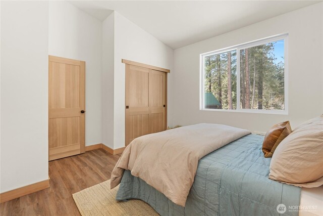 bedroom with a closet, baseboards, wood finished floors, and vaulted ceiling