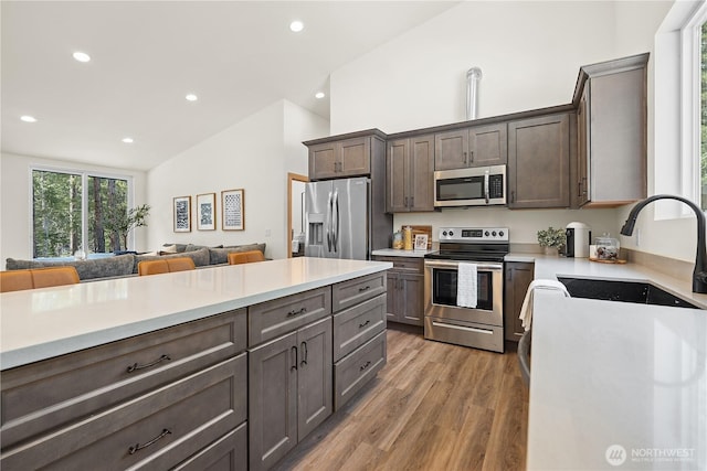 kitchen with dark brown cabinetry, light countertops, lofted ceiling, appliances with stainless steel finishes, and a sink