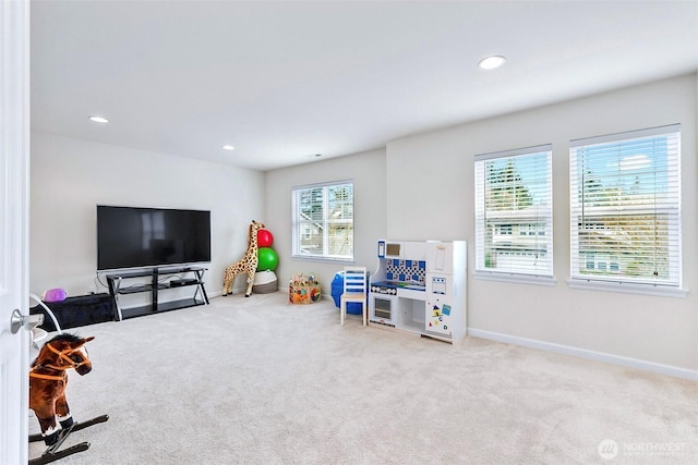 game room with recessed lighting, baseboards, and carpet floors