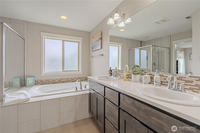 16103 NE 102nd Way, Vancouver, WA 98682 - full bathroom with a bath, a stall shower, double vanity, and tile patterned flooring