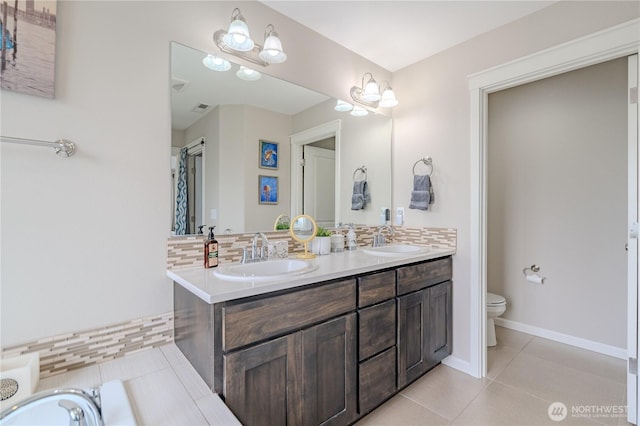 16103 NE 102nd Way, Vancouver, WA 98682 - bathroom featuring tile patterned floors, toilet, double vanity, and backsplash