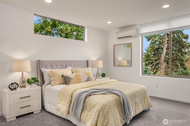 bedroom with recessed lighting, baseboards, carpet, and a wall unit AC