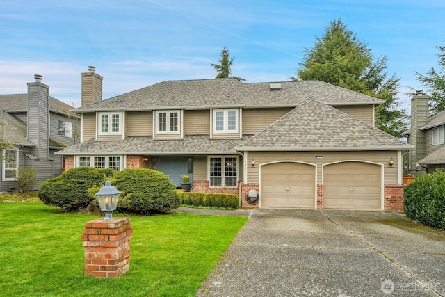 traditional-style house with brick siding, a front lawn, roof with shingles, a garage, and driveway