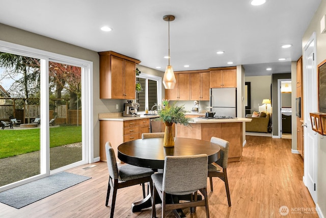 kitchen with stainless steel appliances, plenty of natural light, light wood-style flooring, and light countertops