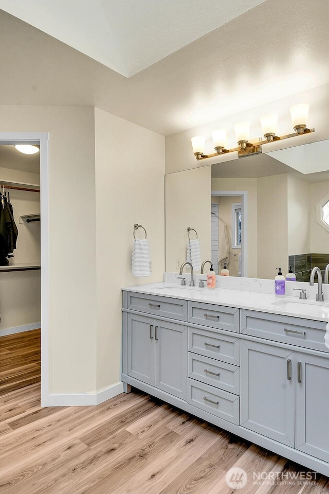 bathroom with double vanity, wood finished floors, baseboards, and a sink