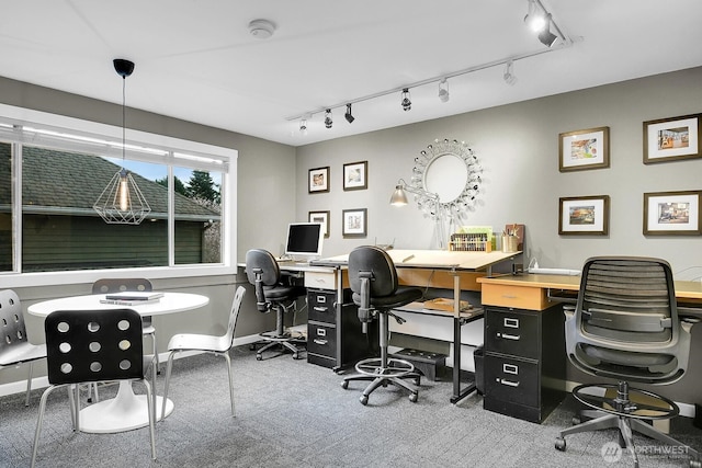 carpeted office space featuring track lighting and baseboards