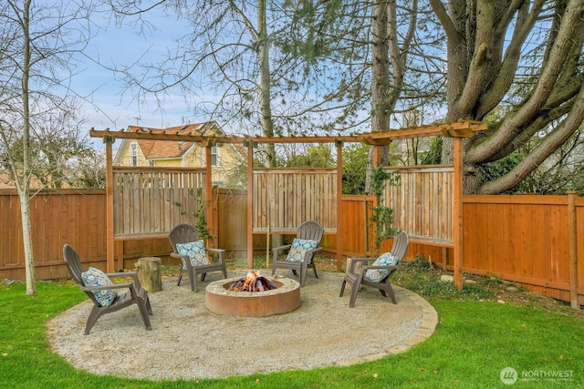 view of patio featuring a fire pit and a fenced backyard