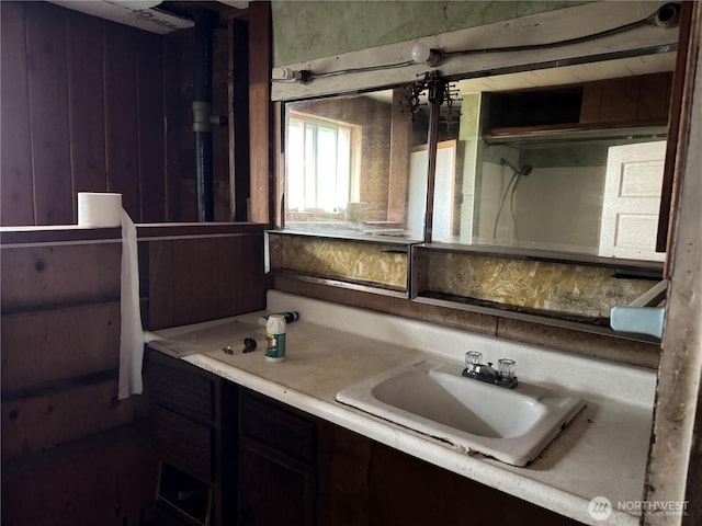 bathroom with vanity and wood walls