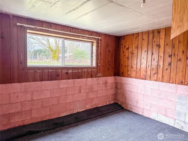 carpeted spare room featuring wood walls