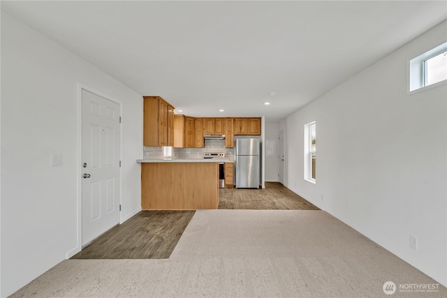 kitchen featuring under cabinet range hood, backsplash, stainless steel appliances, light wood-style floors, and light countertops