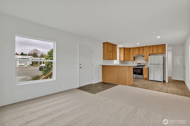 kitchen featuring under cabinet range hood, appliances with stainless steel finishes, tasteful backsplash, and light carpet