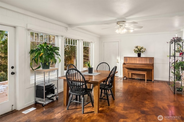 dining space with visible vents, ornamental molding, ceiling fan, and dark wood-style flooring