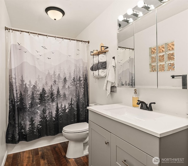 bathroom featuring toilet, wood finished floors, and vanity