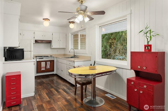 kitchen featuring a sink, light countertops, under cabinet range hood, black microwave, and range