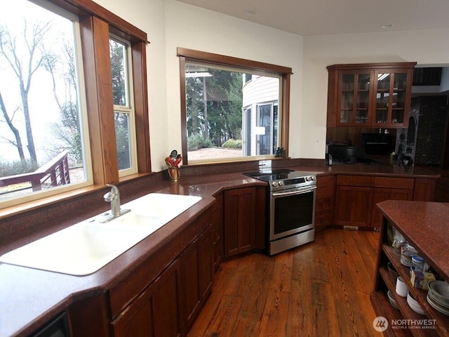 kitchen featuring stainless steel range with electric stovetop, a sink, dark countertops, dark wood finished floors, and glass insert cabinets