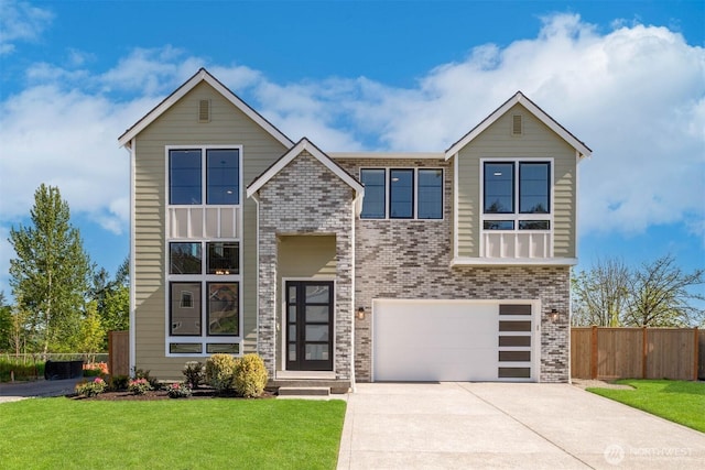 view of front of home featuring brick siding, concrete driveway, a front lawn, and fence