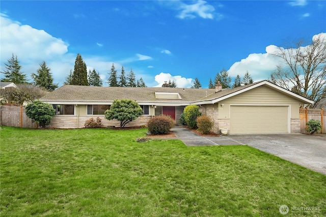 single story home featuring stone siding, a front lawn, driveway, and fence