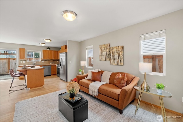 living room with baseboards and light wood-style floors