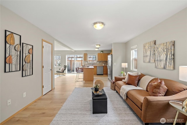 living area with baseboards and light wood-style floors