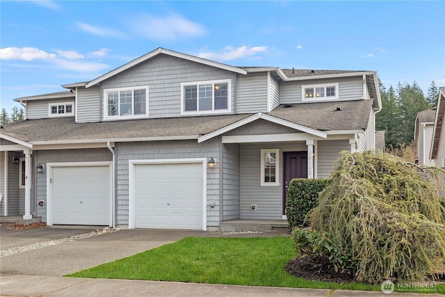 townhome / multi-family property featuring a garage, roof with shingles, and concrete driveway