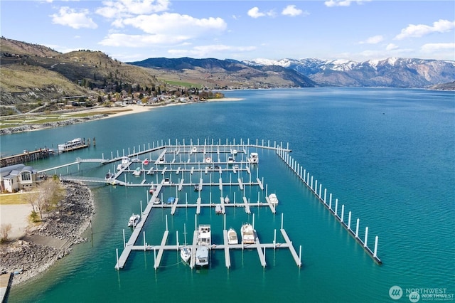 birds eye view of property featuring a water and mountain view