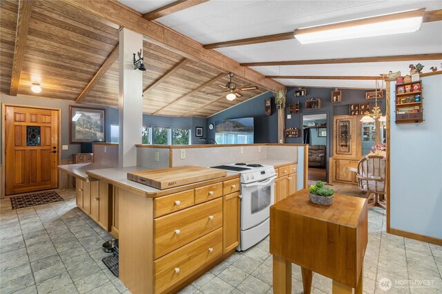 kitchen featuring ceiling fan, lofted ceiling with beams, wooden counters, and white electric stove