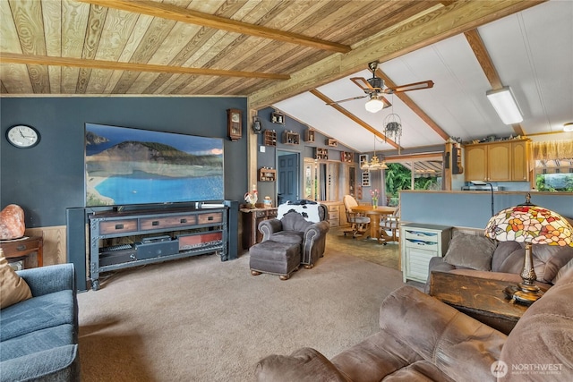 living area featuring ceiling fan, wooden ceiling, lofted ceiling with beams, and carpet