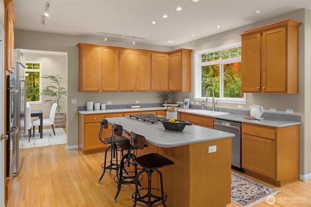 kitchen with a kitchen island, a kitchen breakfast bar, appliances with stainless steel finishes, light wood-style floors, and a sink