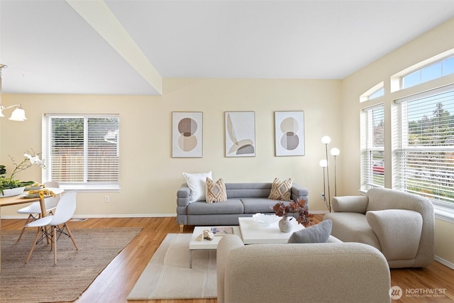 living area featuring a wealth of natural light, baseboards, and wood finished floors