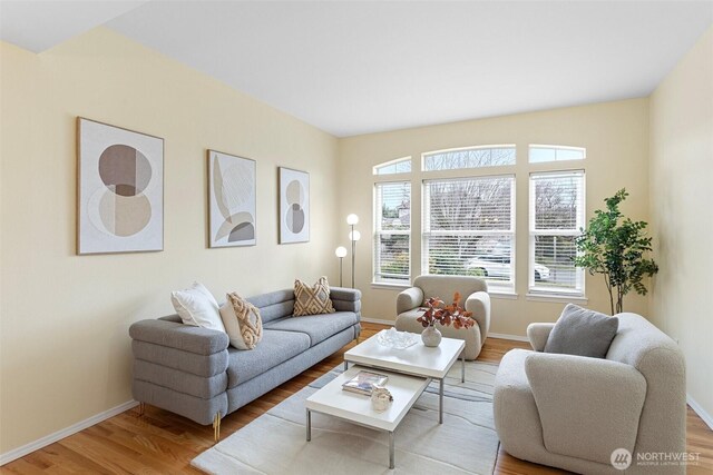 living area featuring baseboards and wood finished floors