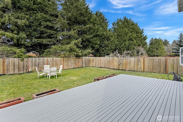 deck with a lawn and a fenced backyard