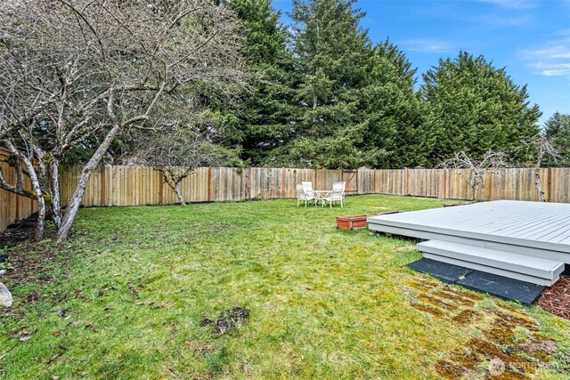 view of yard featuring a wooden deck and a fenced backyard