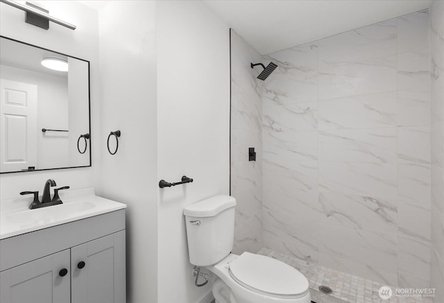 bathroom featuring toilet, a stall shower, and vanity