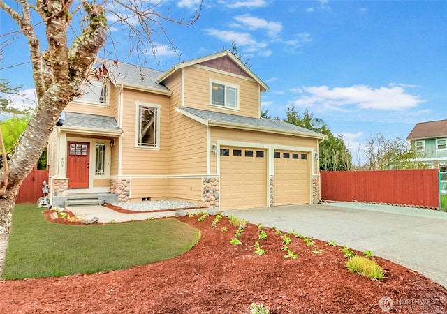 view of front of home with concrete driveway, fence, stone siding, and roof with shingles