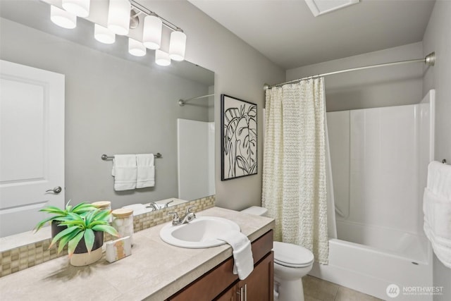 bathroom with vanity, shower / bath combination with curtain, toilet, and tile patterned flooring