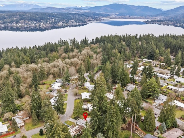 drone / aerial view featuring a wooded view and a water and mountain view