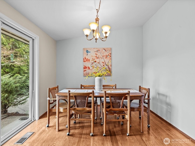 dining room with visible vents, wood finished floors, and a chandelier