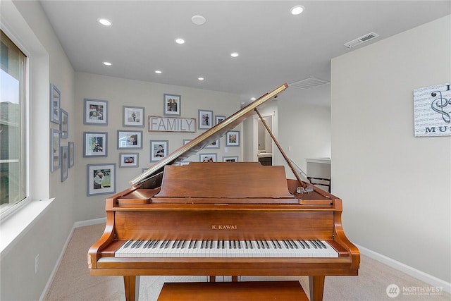 sitting room featuring recessed lighting, visible vents, carpet floors, and baseboards