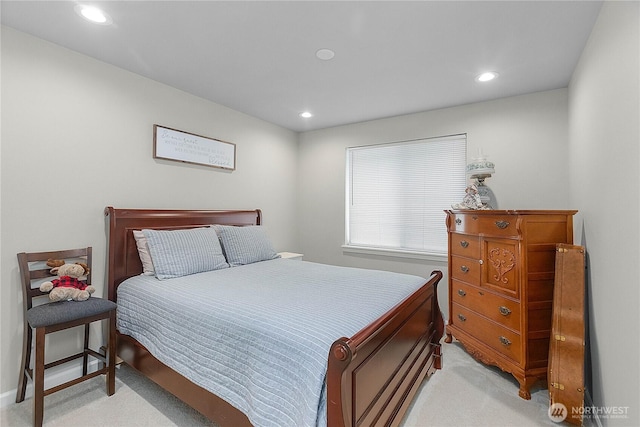 bedroom featuring recessed lighting and light colored carpet