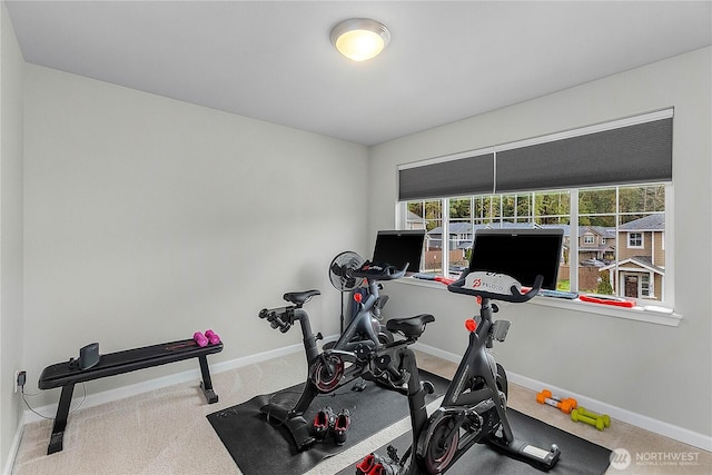 workout area with baseboards and carpet floors