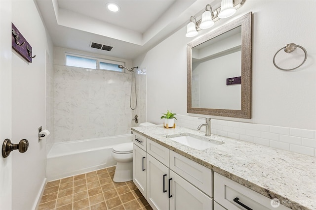 full bath with tile patterned floors, visible vents, toilet, vanity, and shower / bathtub combination