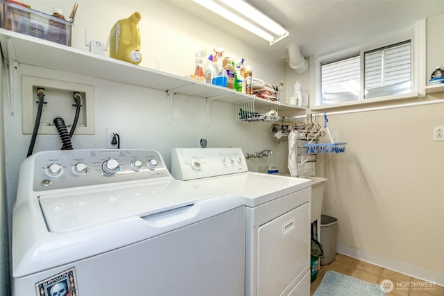 2029 S 7th St, Tacoma, WA 98405 - clothes washing area featuring washing machine and clothes dryer, laundry area, baseboards, and light tile patterned flooring