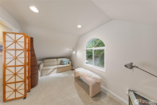 sitting room featuring carpet flooring, recessed lighting, baseboards, and vaulted ceiling