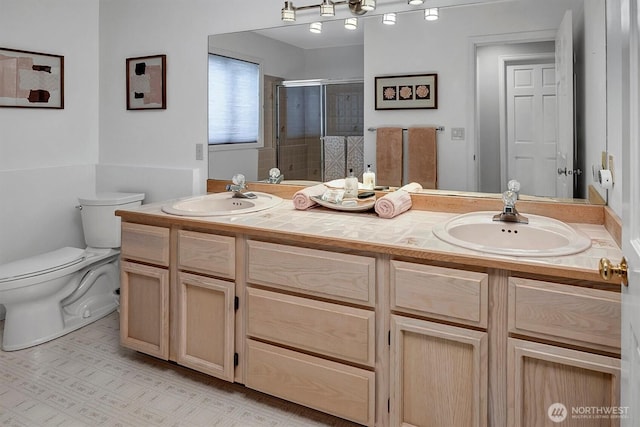 full bath featuring double vanity, a stall shower, toilet, and a sink