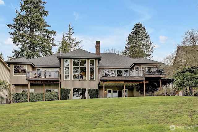 back of house with a lawn, a chimney, and a deck