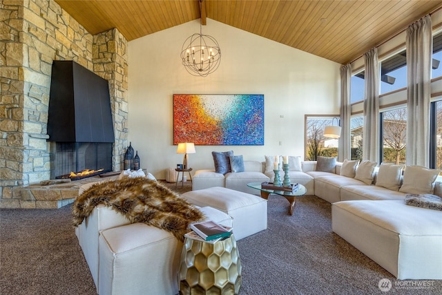 carpeted living area with beamed ceiling, high vaulted ceiling, an inviting chandelier, wooden ceiling, and a fireplace