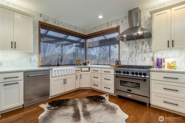 kitchen with dark wood-type flooring, a sink, tasteful backsplash, appliances with stainless steel finishes, and wall chimney exhaust hood