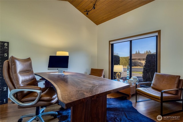 office space featuring high vaulted ceiling, wood ceiling, and wood finished floors